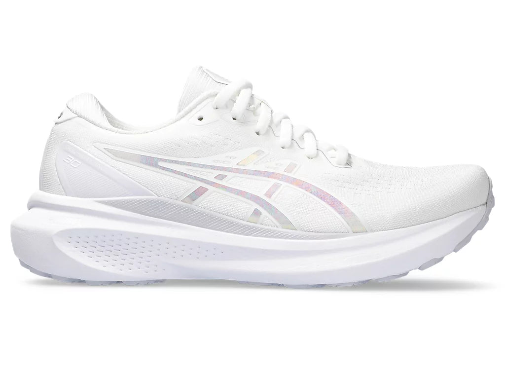 Lateral view of the Women's Kayano 30 (Anniversary) in White/Lilac/Hint