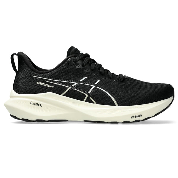 This women's ASICS shoe is all black adn white