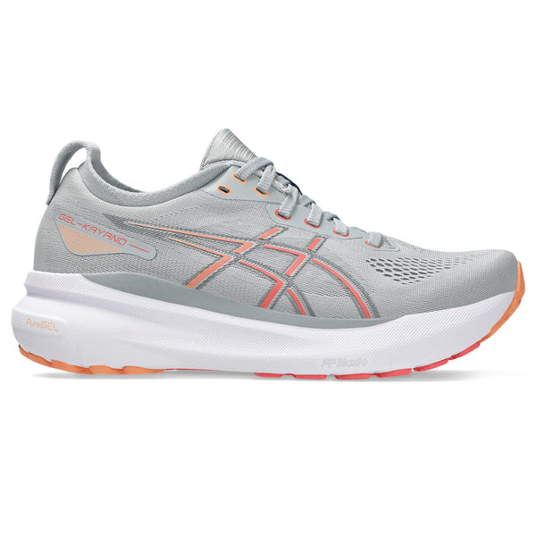 This women's Kayano 31 has a mostly grey upper with an ASICS logo that is a papaya color.