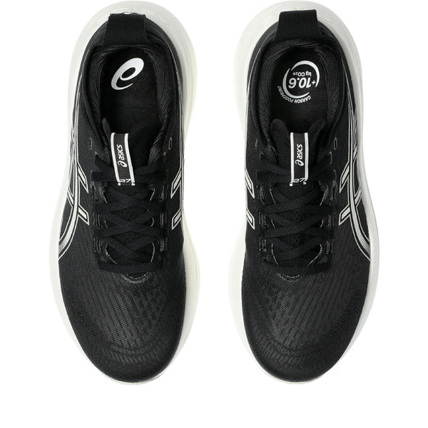 Black running shoes with white accents on a white background.
