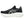 Medial side of a mens's black running shoe with white sole on a white background.