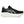 Black ASICS running shoe with white sole on a white background.
