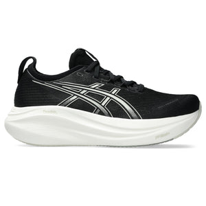 Black ASICS running shoe with white sole on a white background.