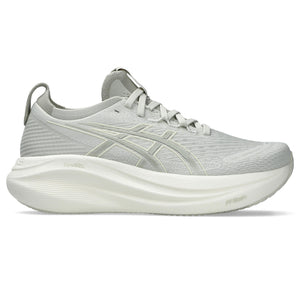 A pair of white ASICS Gel-Nimbus 27 running shoes with mesh upper and cushioned sole.