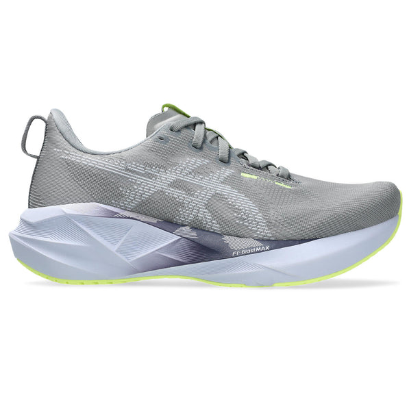 Gray women's ASICS running shoe with white sole on a white background
