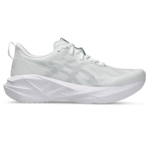 These women's Novablast 5 running shoes have an all white upper with a bit of grey on the midsole.