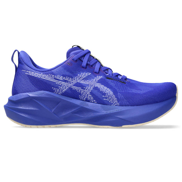 All blue ASICS running shoe with blue laces.