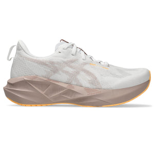 White running shoe with a beige sole on a white background.