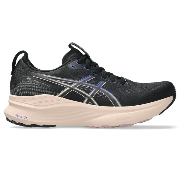 Black running shoe with beige sole on a white background