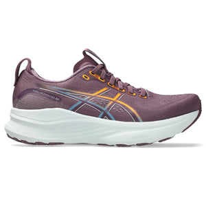 Grey and purple ASICS running shoe with white sole on a white background