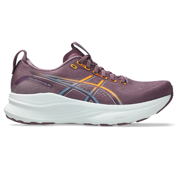 Grey and purple ASICS running shoe with white sole on a white background