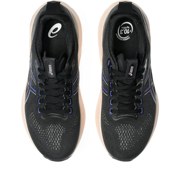 A pair of mostly black women's running shoes with blue highlights.