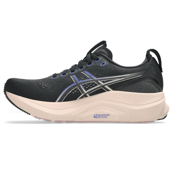 The medial side of a women's running shoe with a large ASICS logo.