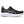 Black running shoe with white sole on a white background.