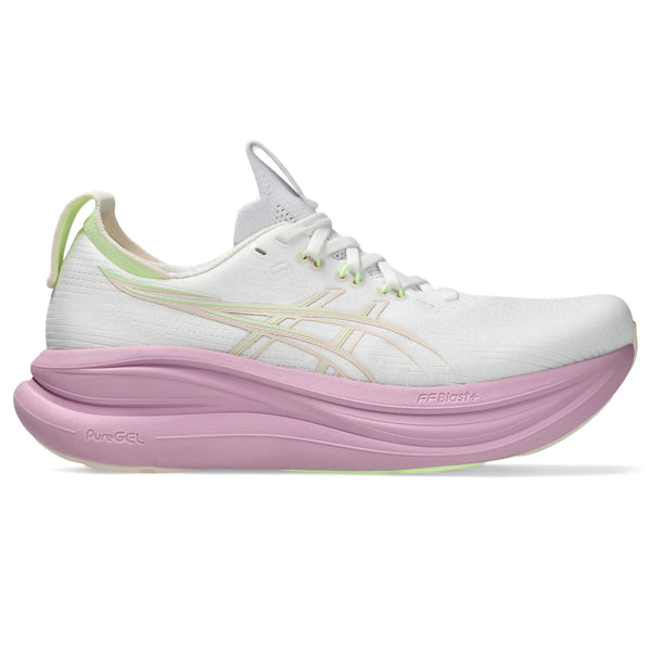 White running shoe with pink sole on a white background