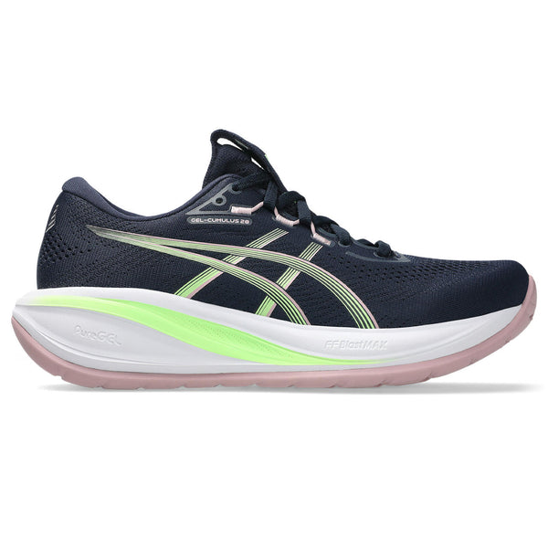Navy running shoe with green accents on a white background