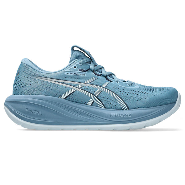 Blue running shoe with white sole on a white background