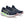 Navy running shoes with green accents on a white background