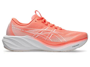 Asics running shoe in a vibrant coral pink and white, shown against a clean white background.