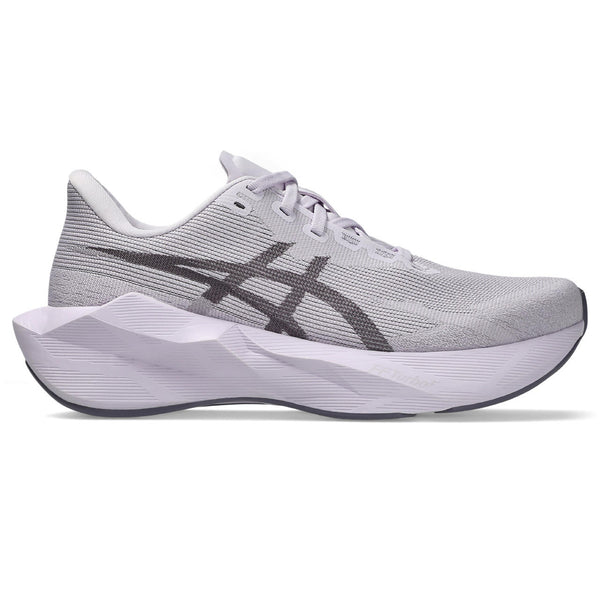 Gray running shoe with black logo on a white background