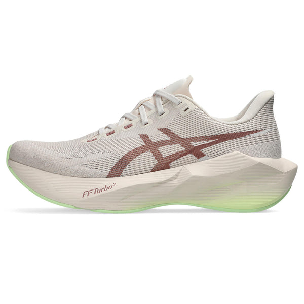 White running shoe with brown logo on a white background