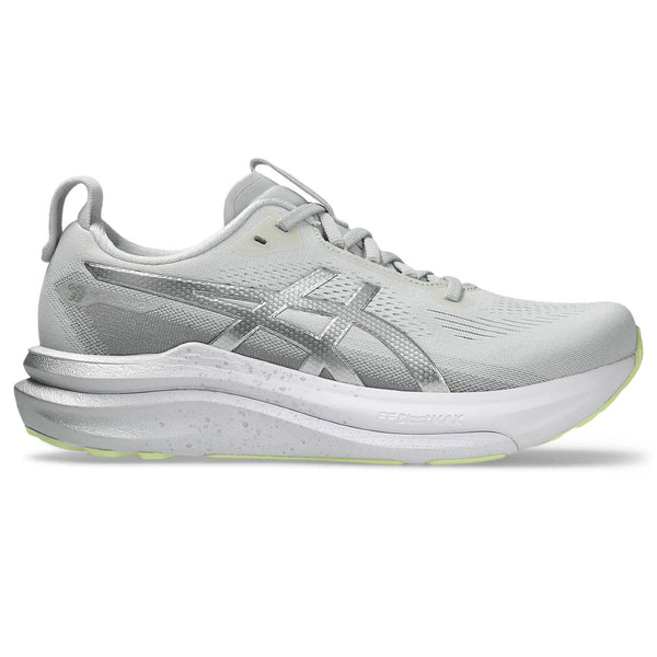 This high end running shoe for wome is mostly grey with a speckled grey midsole.