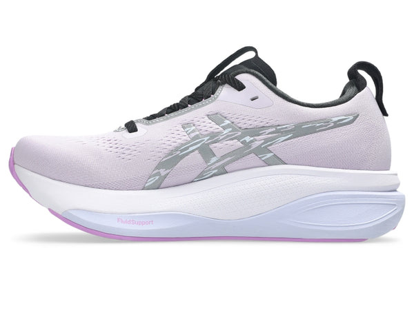 Purple and black running shoe on a white background