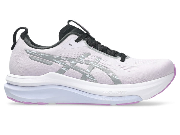 Purple and black running shoe on a white background