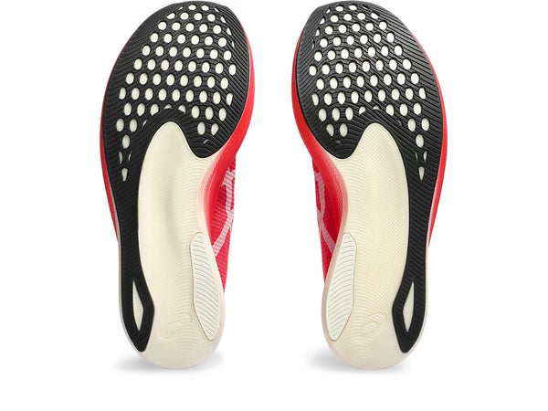 Bottom (outer sole) view of the Unisex MetaSpeed Edge + by ASICS in the color Diva Pink/White