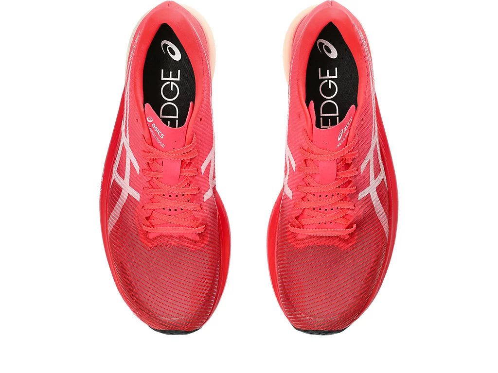 Top view of the Unisex MetaSpeed Edge + by ASICS in the color Diva Pink/White