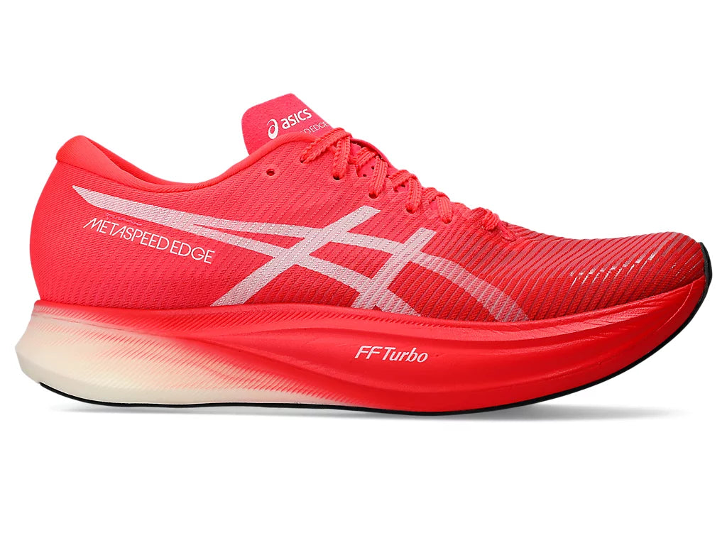 Lateral view of the Unisex MetaSpeed Edge + by ASICS in the color Diva Pink/White