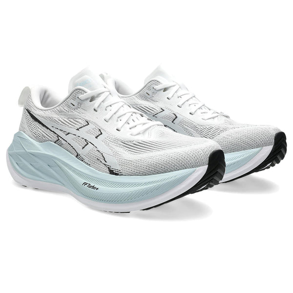 The laces and upper of this women's running shoes is white and a little bit of grey.