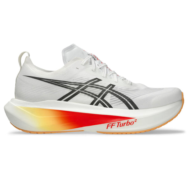 White running shoe with black and red accents on a white background