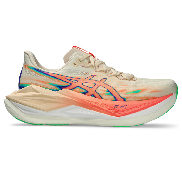 The coral color of this ASICS shoe makes it look fast.