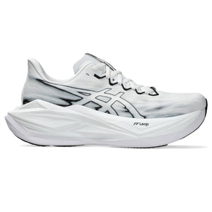 White running shoe with black accents on a white background