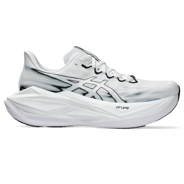 White running shoe with black accents on a white background