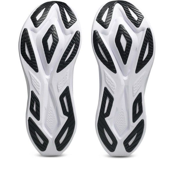 Pair of white and black athletic shoes with a brand logo on a white background