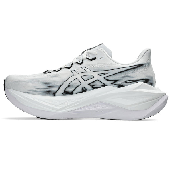 White running shoe with black accents on a white background