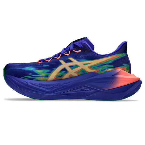 The medial side of this shoe has a large ASICS logo adn very bright colors.