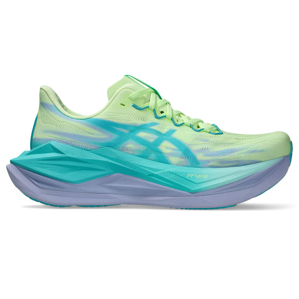 Green and blue running shoe on a white background