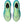 Pair of neon green running shoes with blue accents on a white background