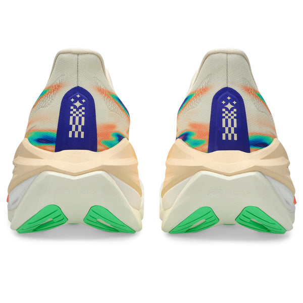 Back view of a pair of running shoes with colorful design on a white background