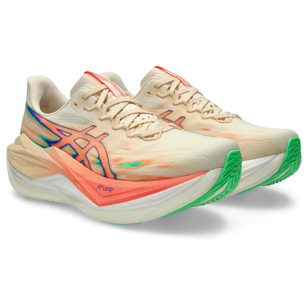 ASICS coral and seashell colored running shoes with colorful accents on a white background