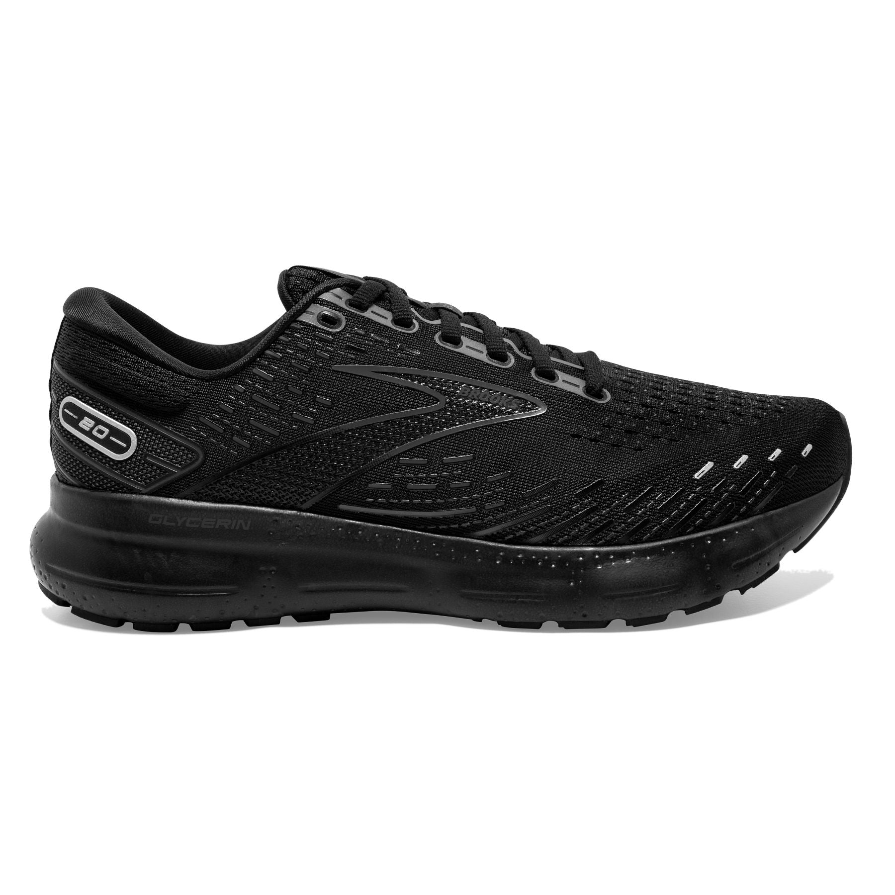 Lateral view of the Men's Glycerin 20 in the wide 2E width, color Black/Black/Ebony