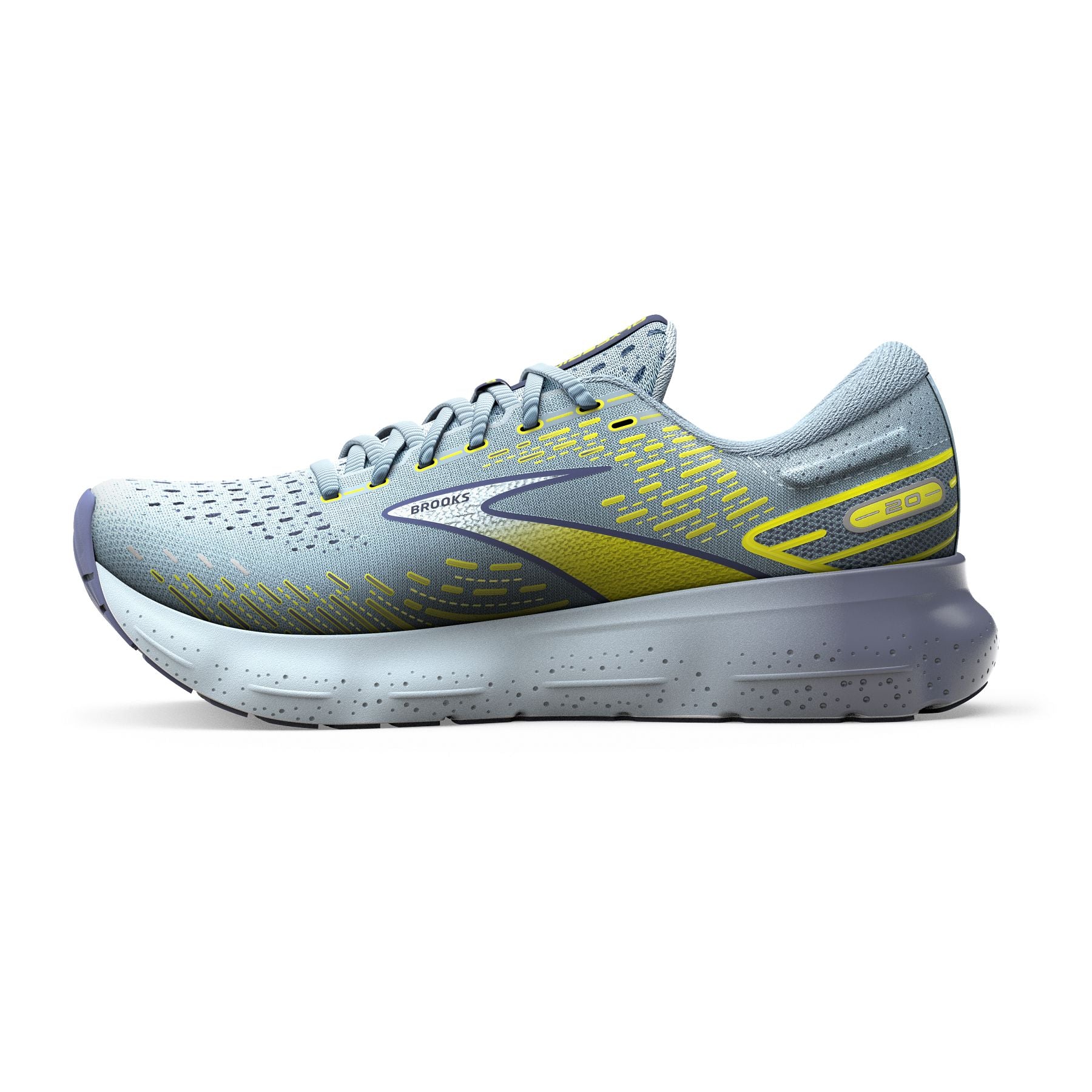 Medial view of the Men's Glycerin 20 by Brook's in the color Blue/Crown Blue/Sulphur