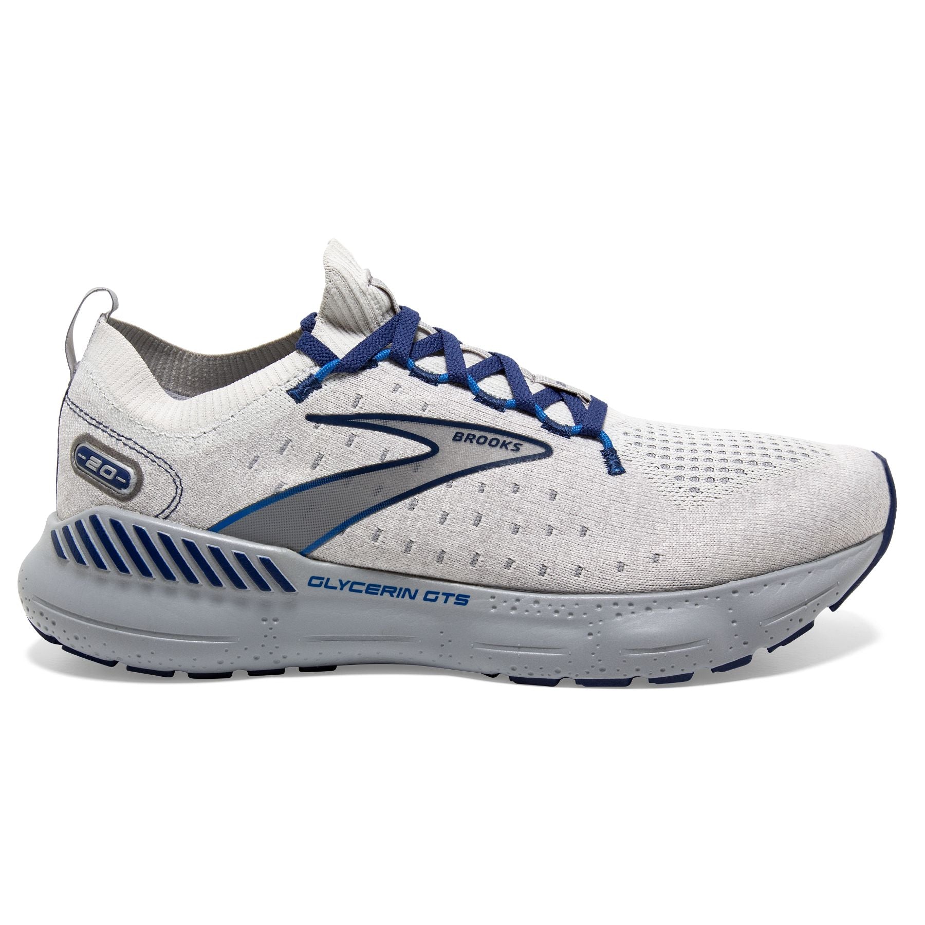 Lateral view of the Men's Glycerin Stealthfit GTS 20 in Oyster/Alloy/Blue Depths