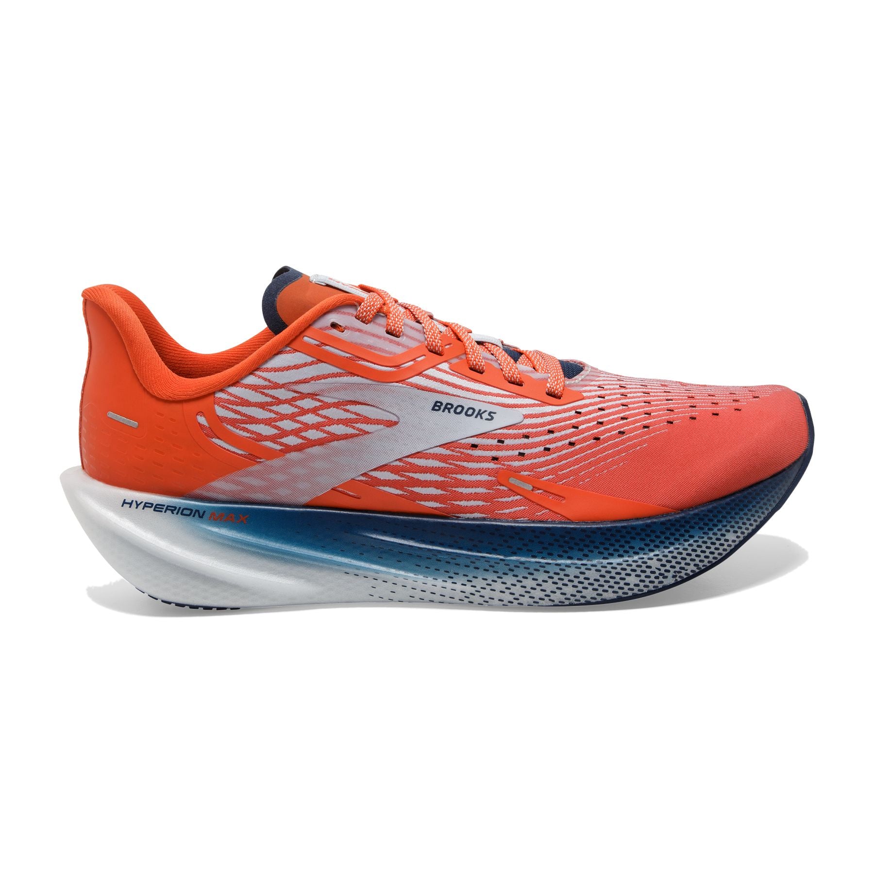 Lateral view of the Men's Hyperion Max by BROOKS in the color Cherry Tomato/Arctic Ice/Titan