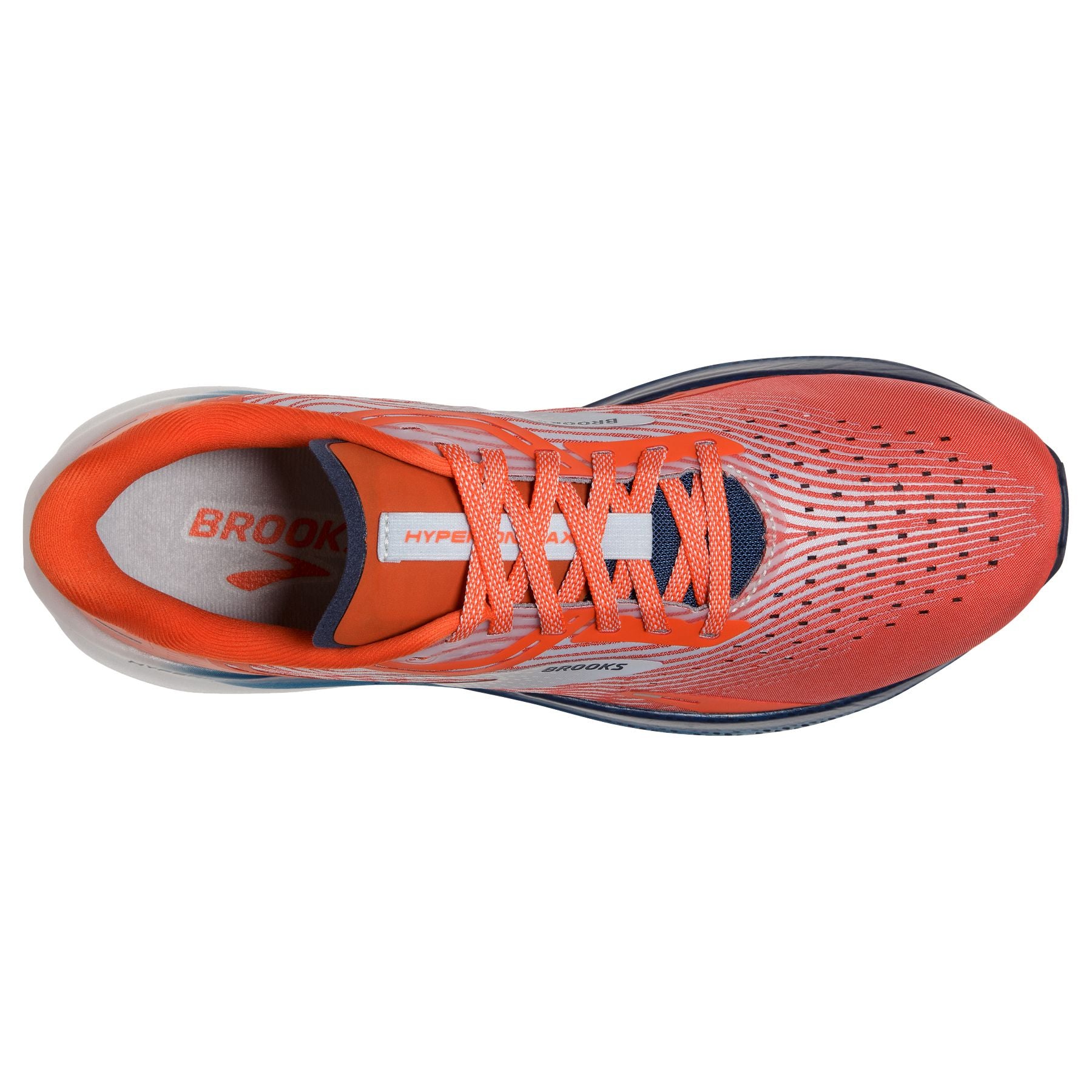 Top view of the Men's Hyperion Max by BROOKS in the color Cherry Tomato/Arctic Ice/Titan