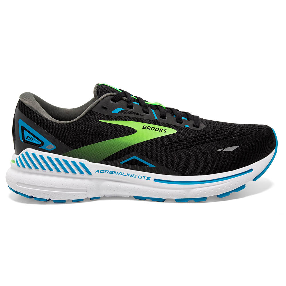 The lateral side of men's Adrenaline 23 has a neon green brooks logo