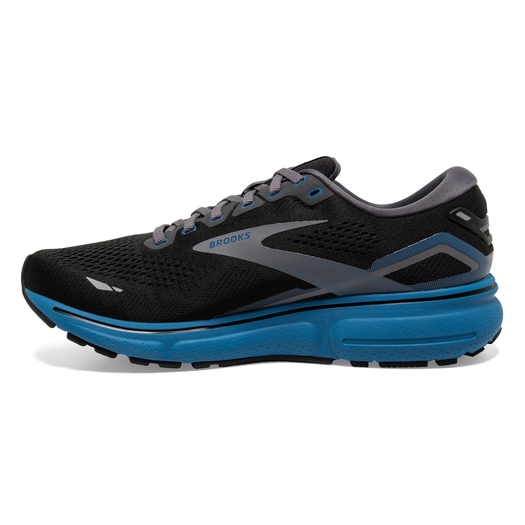 Medial view of the Men's Ghost 15 by Brooks in the color Black/Blackened Pearl/Blue